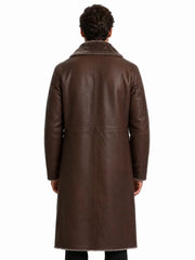 Men's black shearling leather coat, collar detail