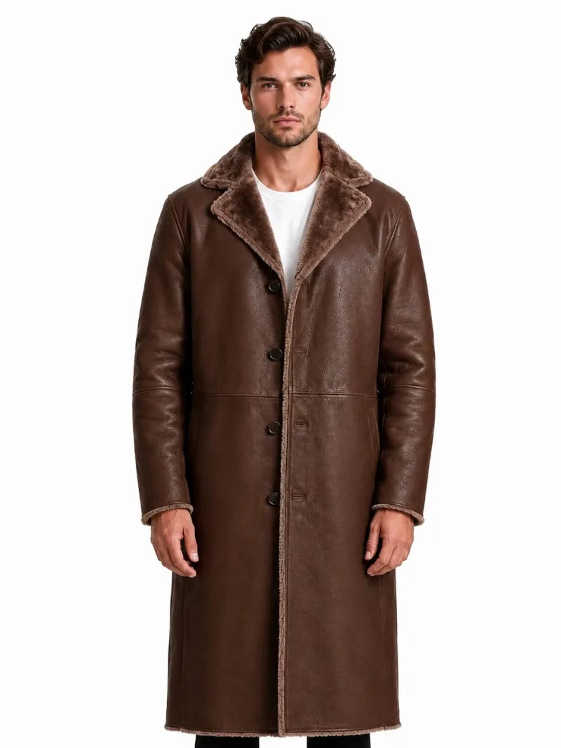 Men's black shearling leather coat, side view