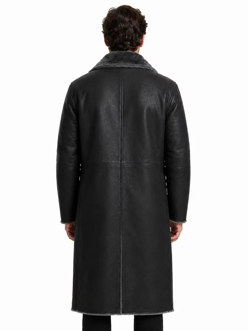 Men's black shearling leather coat, back view
