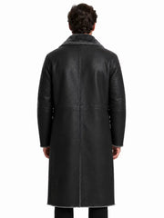 Men's black shearling leather coat, back view