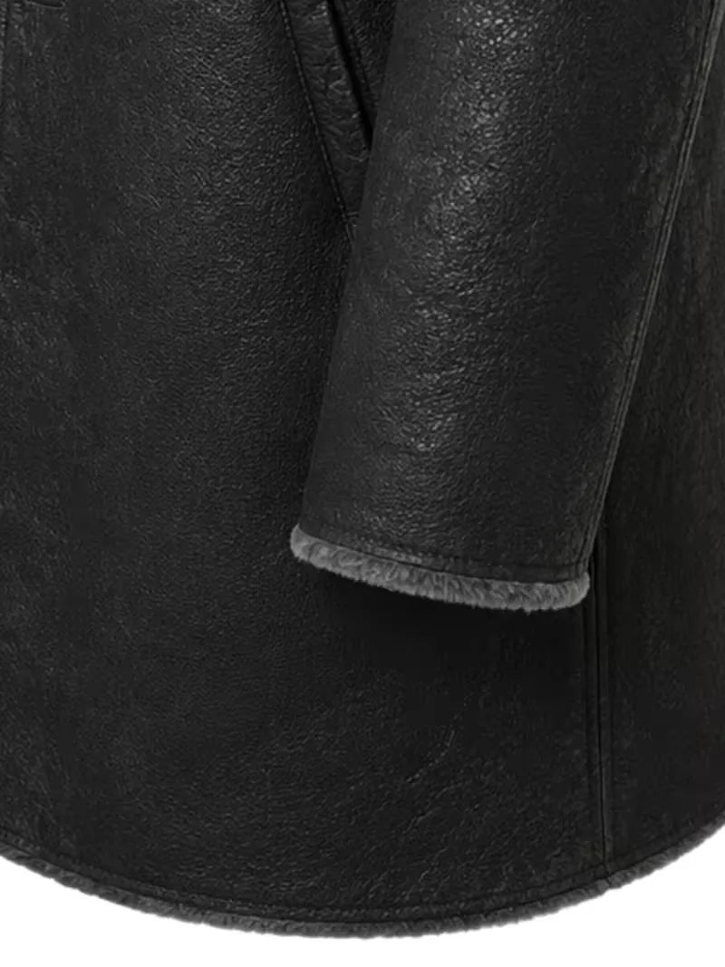 Men's black shearling leather coat, lining detail