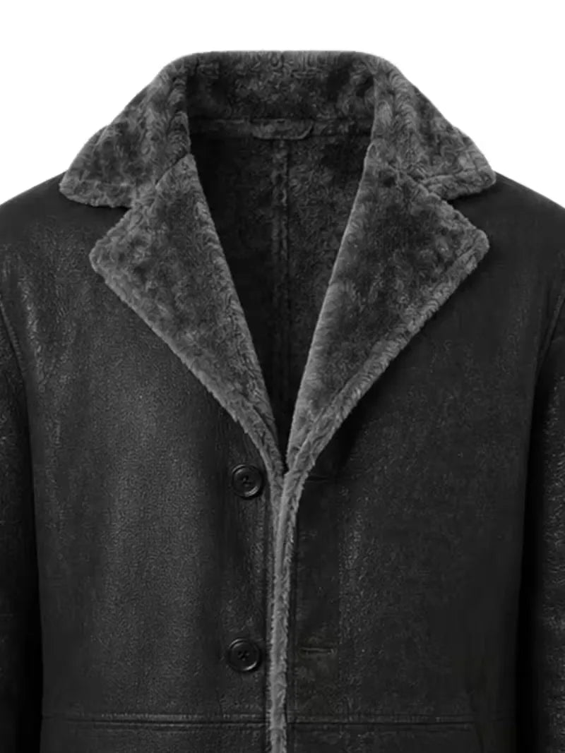 Men's black shearling leather coat, zip and closure detail