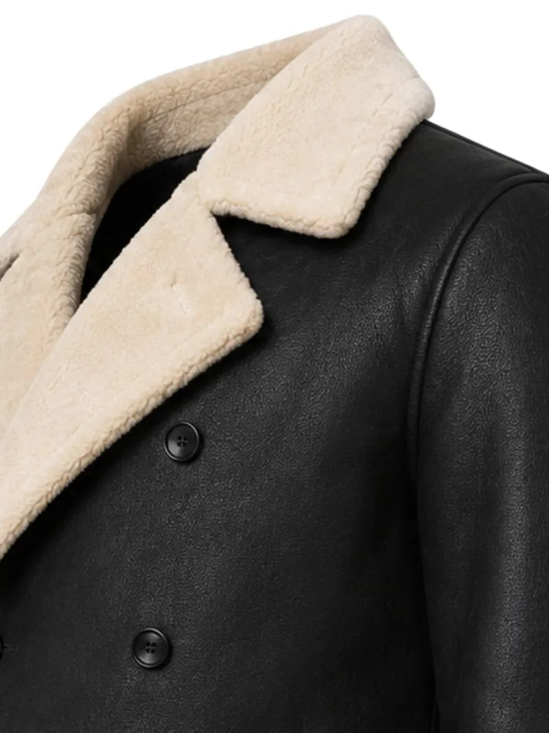 Men's black shearling leather coat, cuff detail