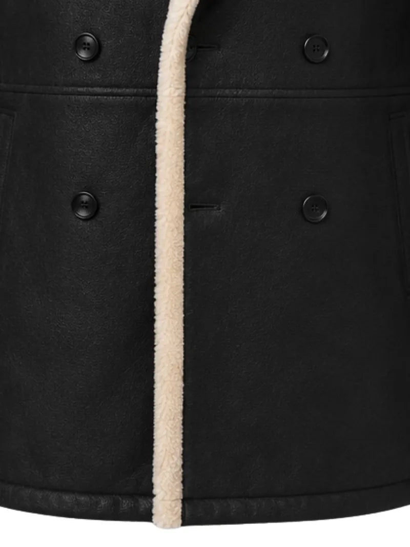 Men's black shearling leather coat, pocket detail