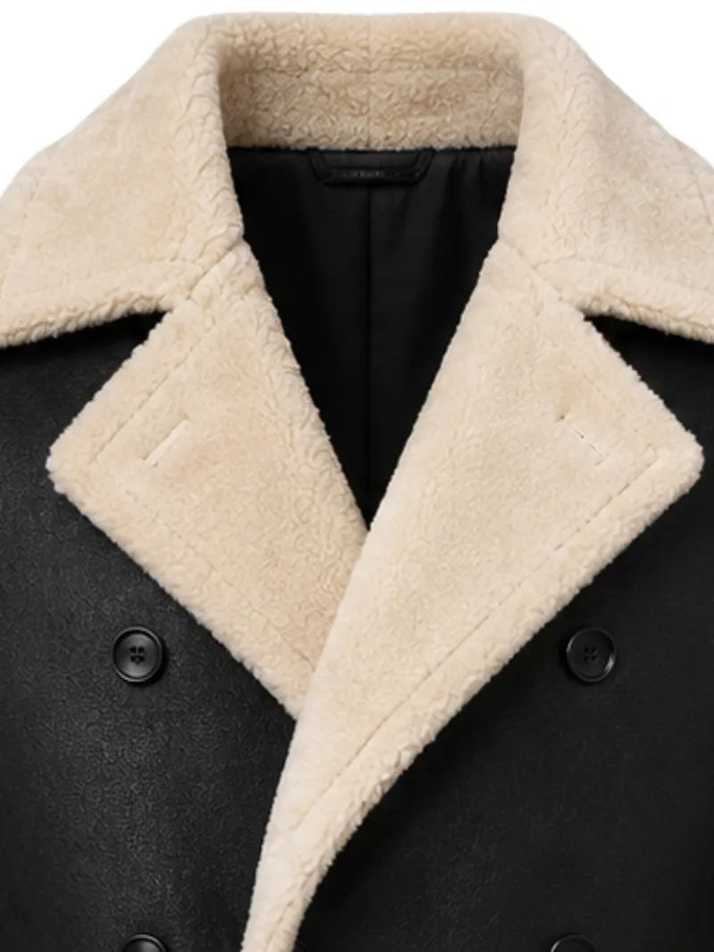 Men's black shearling leather coat, zip and closure detail