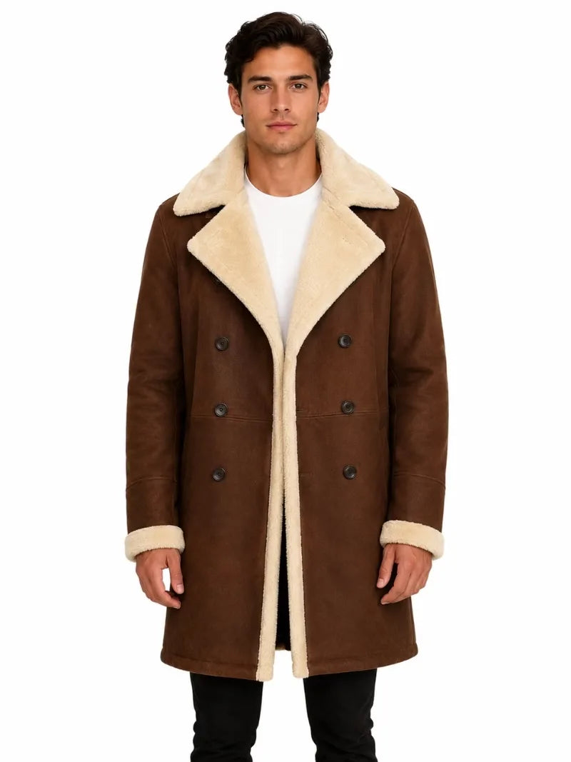 Men's Black Shearling Leather Coat with Wide Shawl Collar and Button Front