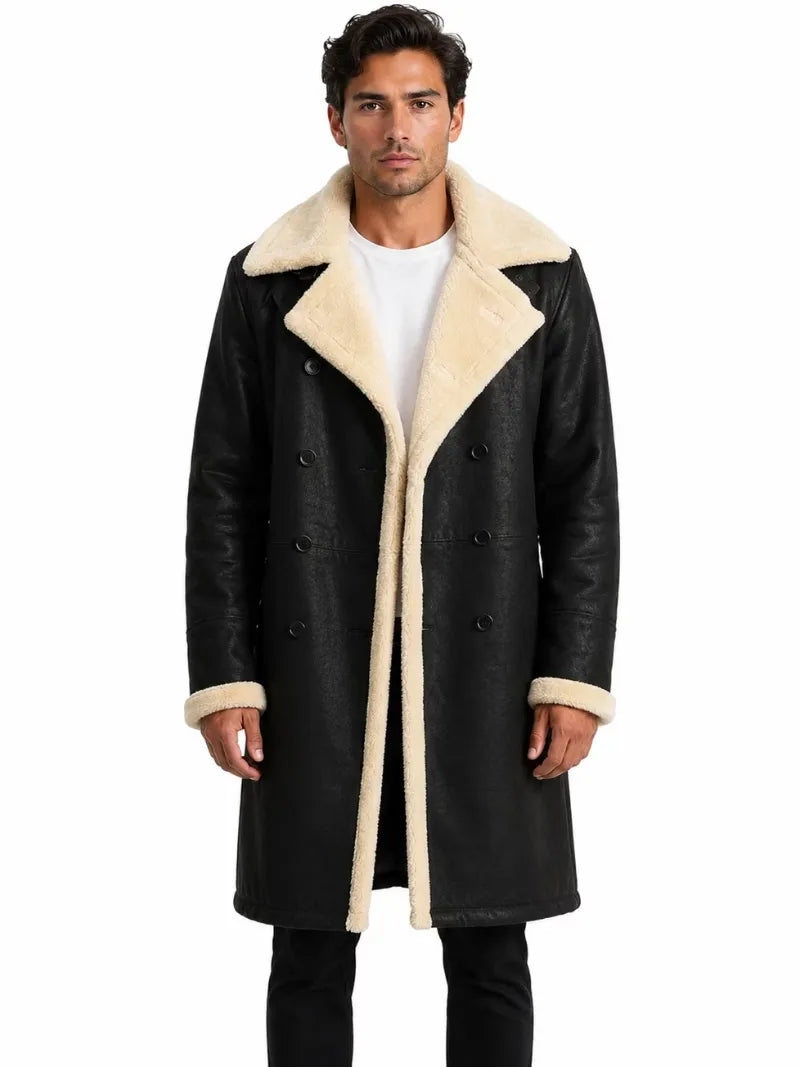 Men's Black Shearling Leather Coat with Wide Shawl Collar and Button Front