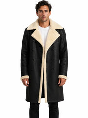 Men's black shearling leather coat, front view