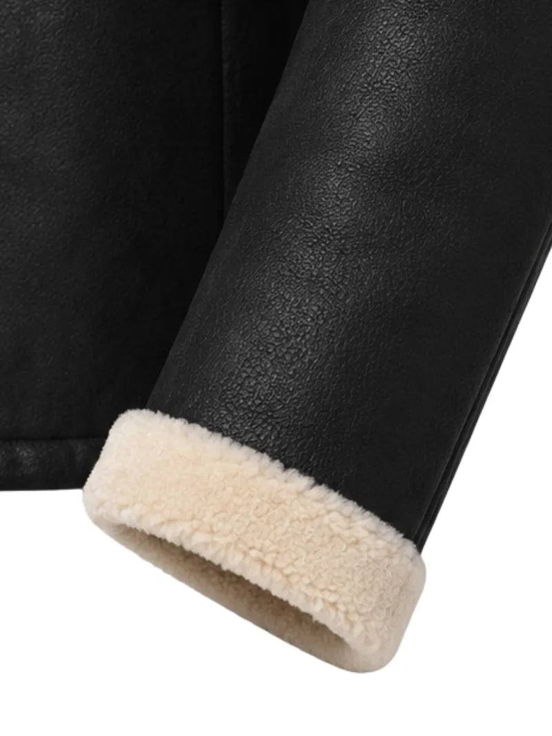 Men's black shearling leather coat, lining detail