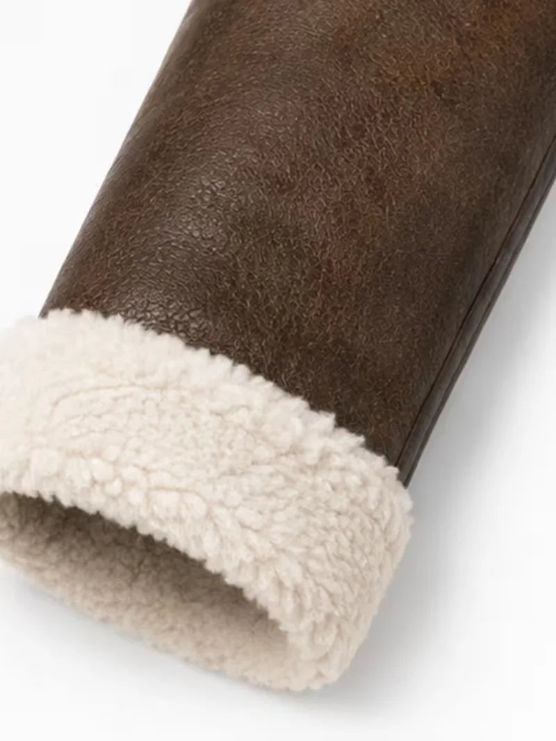Men's black shearling leather jacket, lining detail