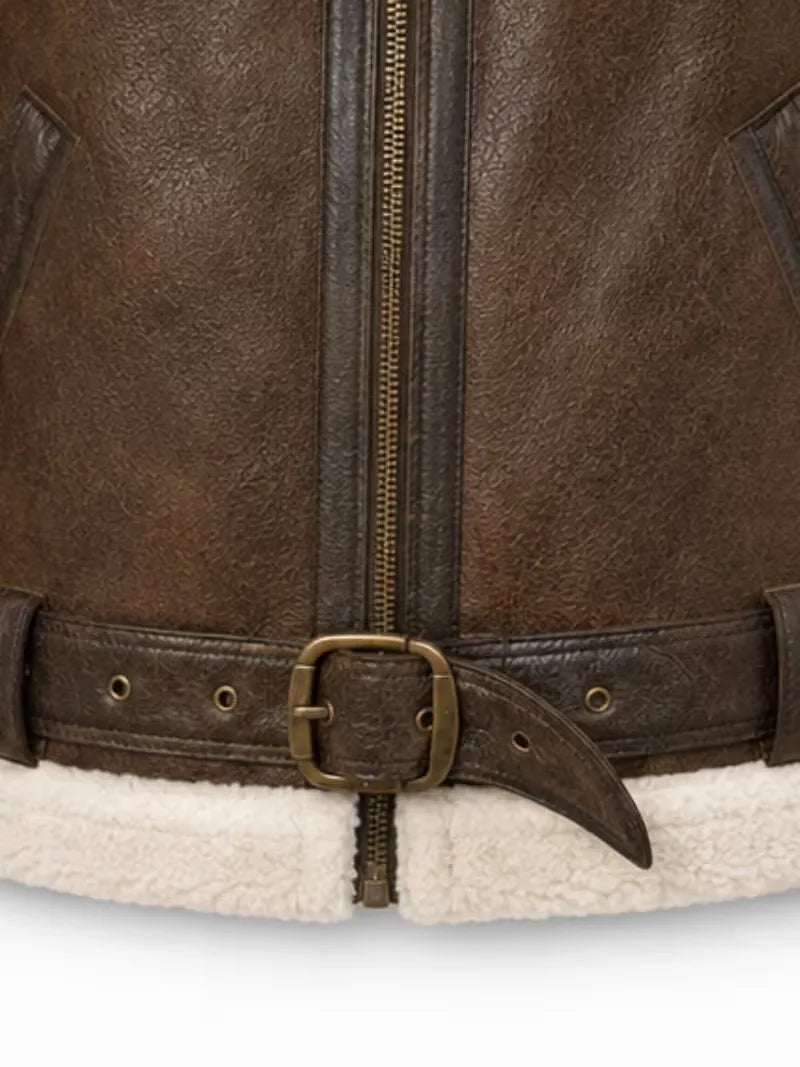 Men's black shearling leather jacket, pocket detail