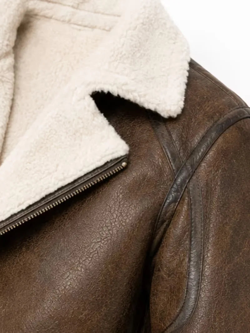 Men's black shearling leather jacket, cuff detail