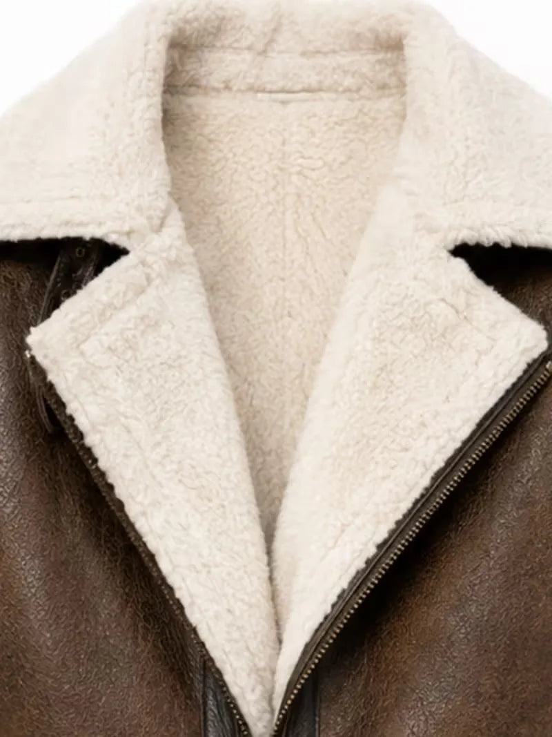 Men's black shearling leather jacket, zip and closure detail