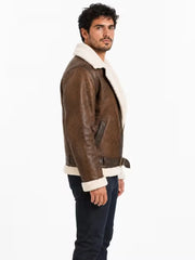 Men's black shearling leather jacket, side view
