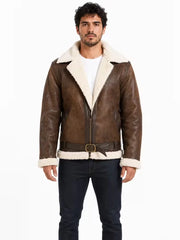 Men's black shearling leather jacket, front view