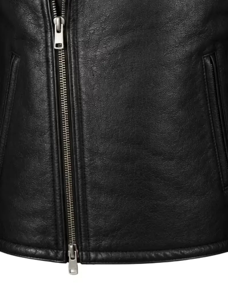 Men's black shearling leather jacket, pocket detail