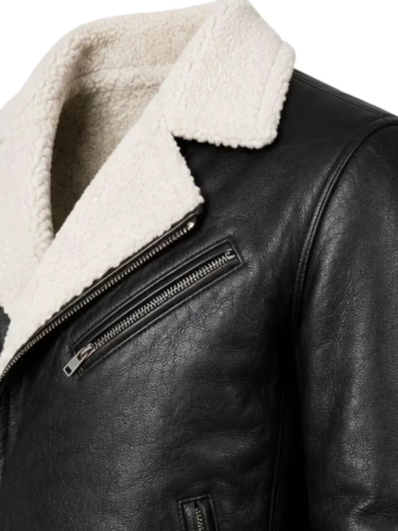 Men's black shearling leather jacket, cuff detail