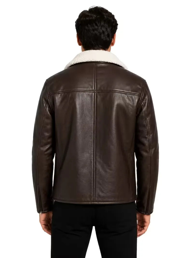 Men's black shearling leather jacket, collar detail