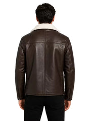 Men's black shearling leather jacket, collar detail