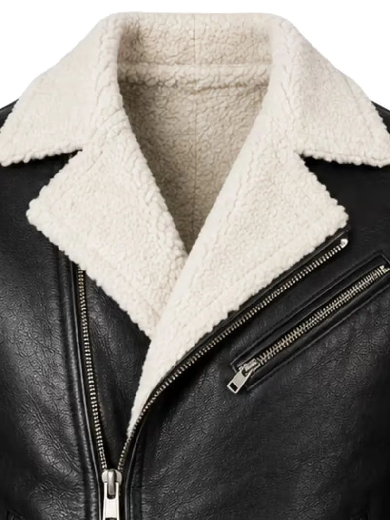 Men's black shearling leather jacket, zip and closure detail