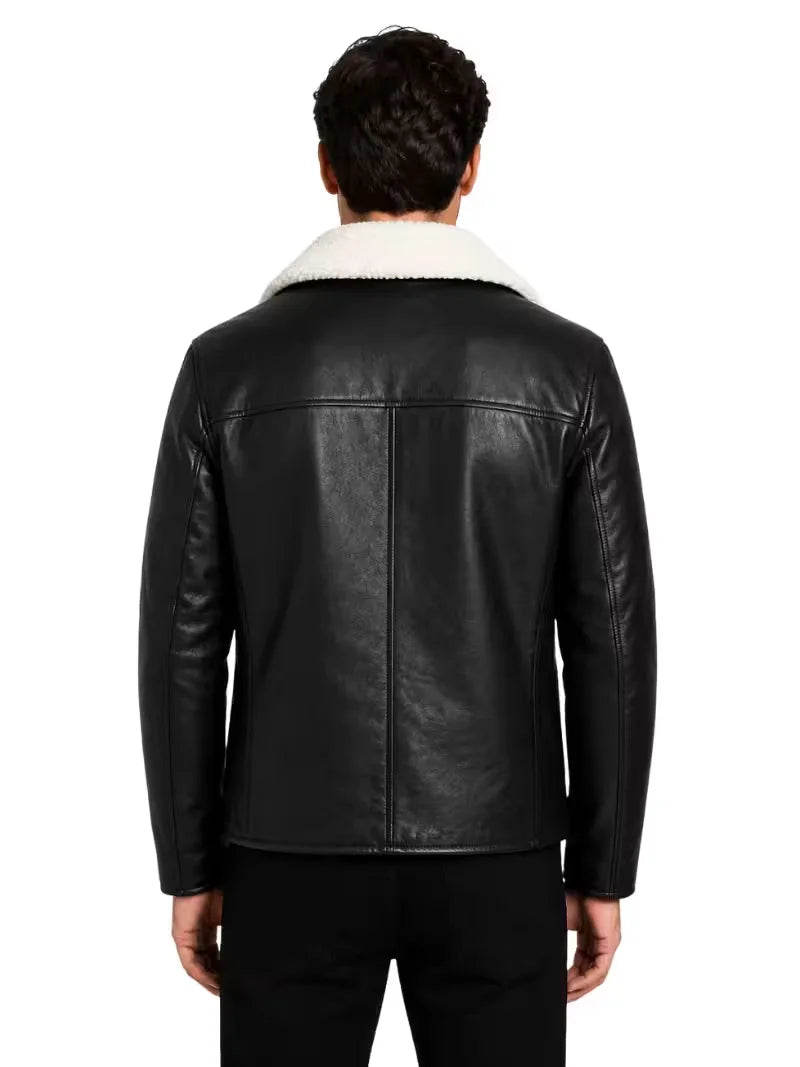 Men's black shearling leather jacket, back view