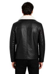 Men's black shearling leather jacket, back view