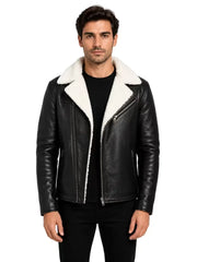 Men's black shearling leather jacket, front view