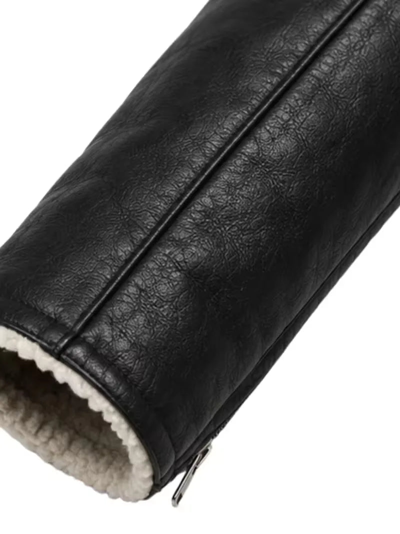 Men's black shearling leather jacket, lining detail