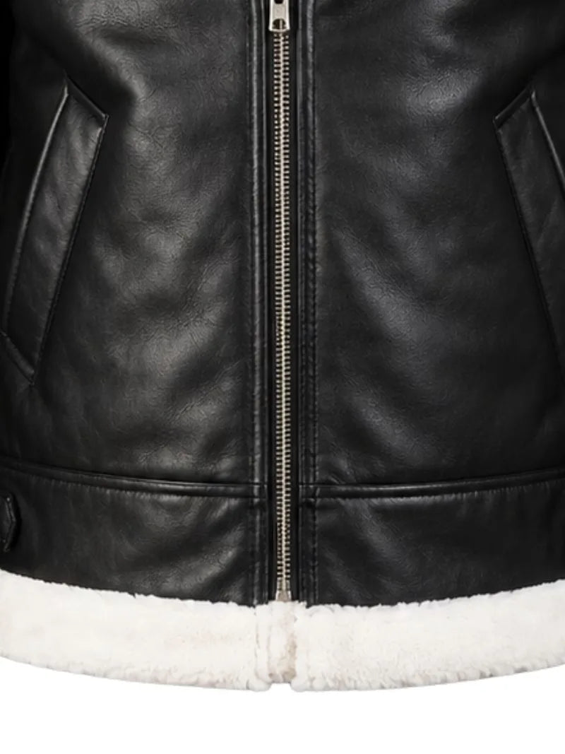 Men's black shearling leather jacket, pocket detail