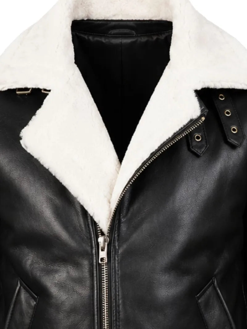 Men's black shearling leather jacket, zip and closure detail
