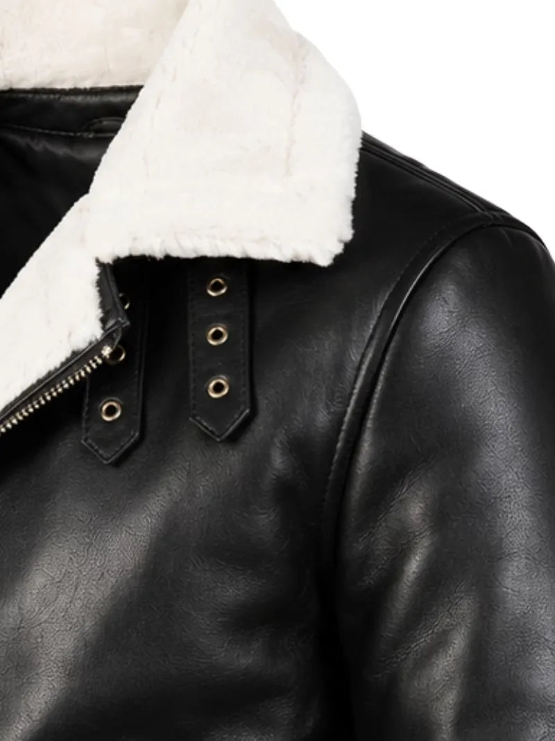 Men's black shearling leather jacket, cuff detail