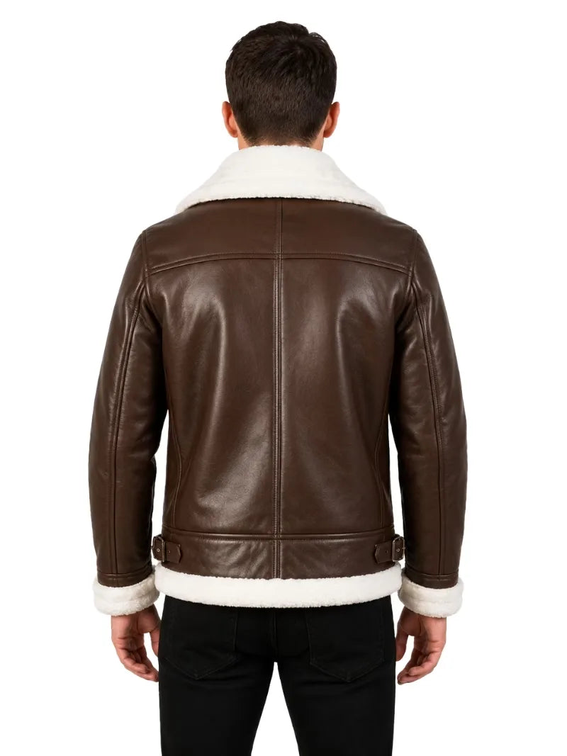 Men's black shearling leather jacket, collar detail
