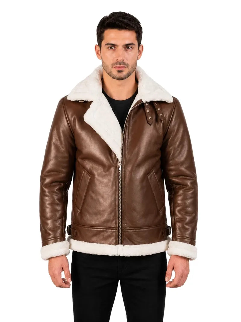 Men's black shearling leather jacket, side view