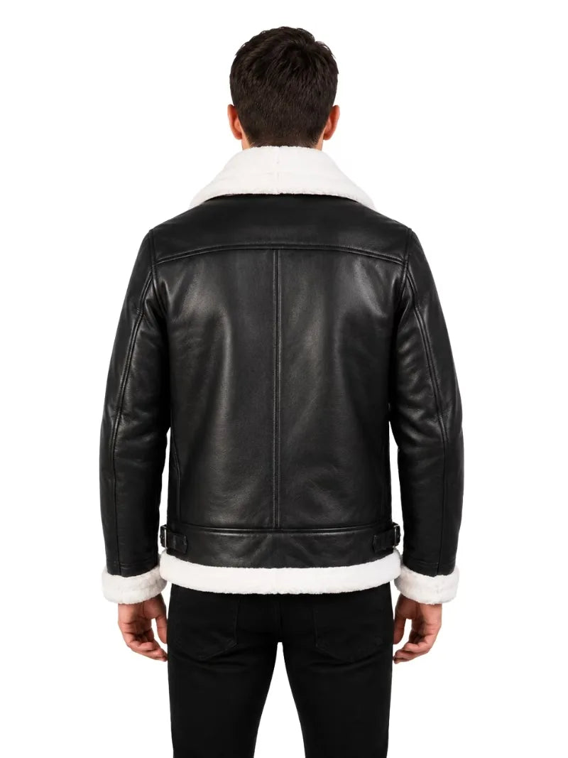 Men's black shearling leather jacket, back view