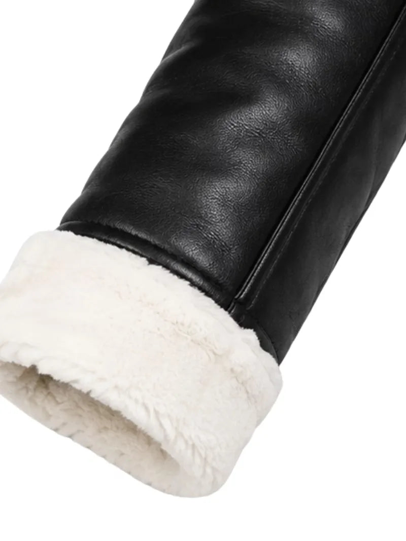 Men's black shearling leather jacket, lining detail