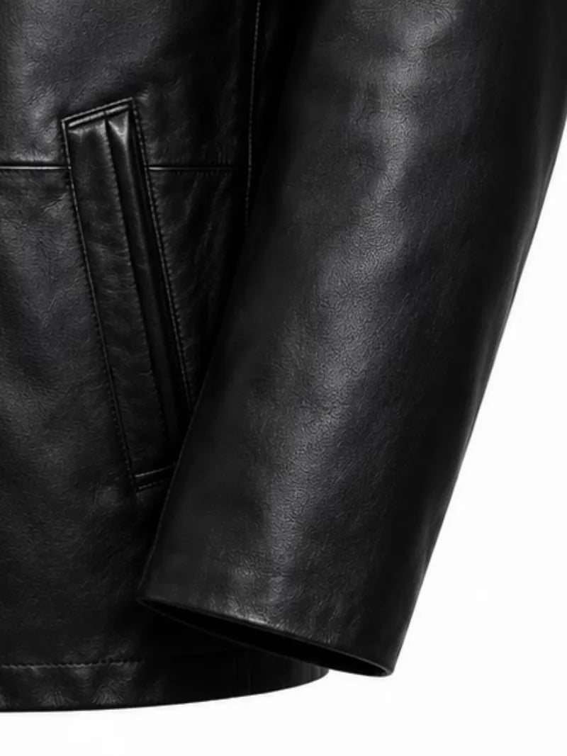 Men's black sheepskin leather coat, lining detail