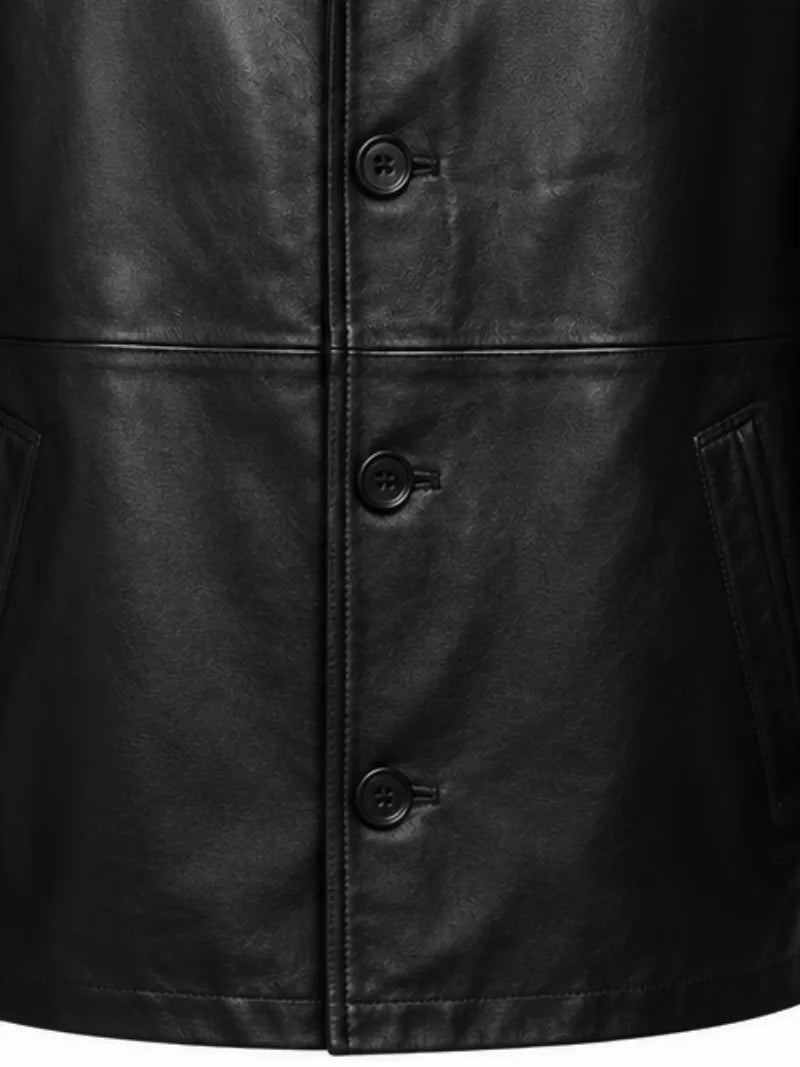 Men's black sheepskin leather coat, pocket detail