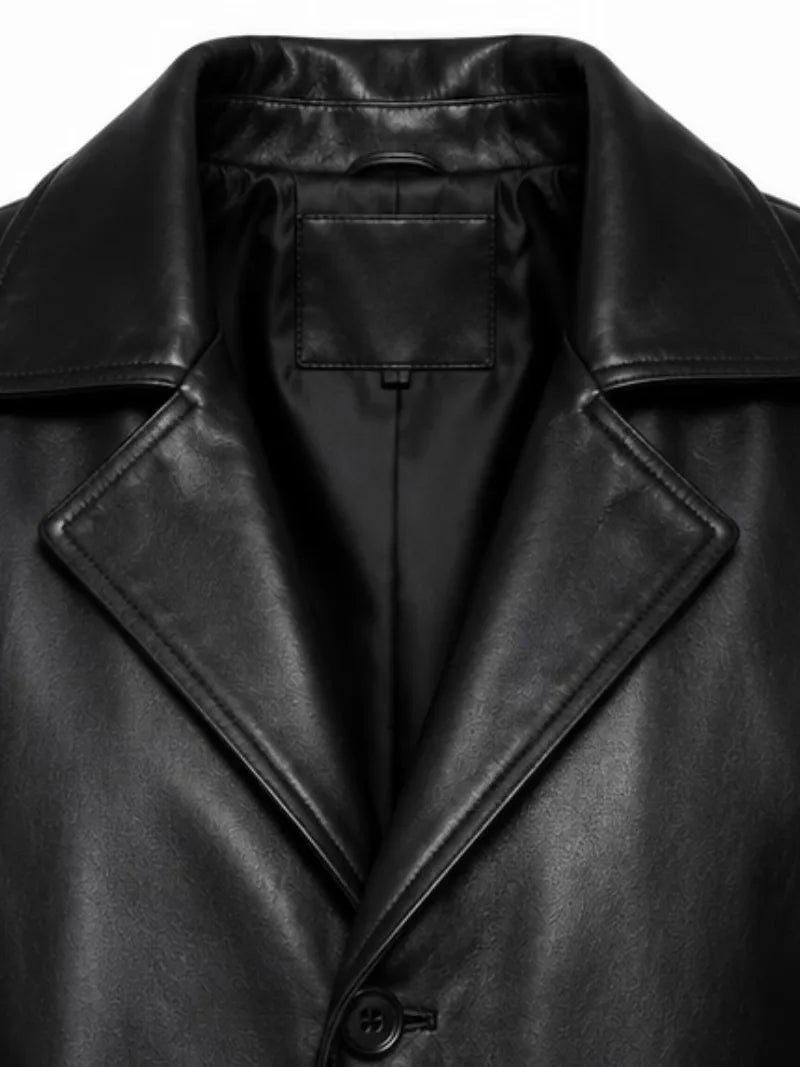 Men's black sheepskin leather coat, cuff detail