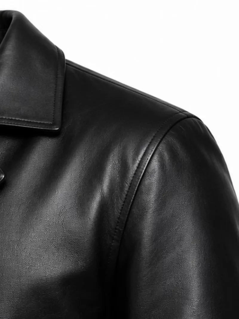 Men's black sheepskin leather coat, zip and closure detail
