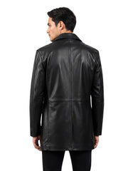 Men's black sheepskin leather coat, back view