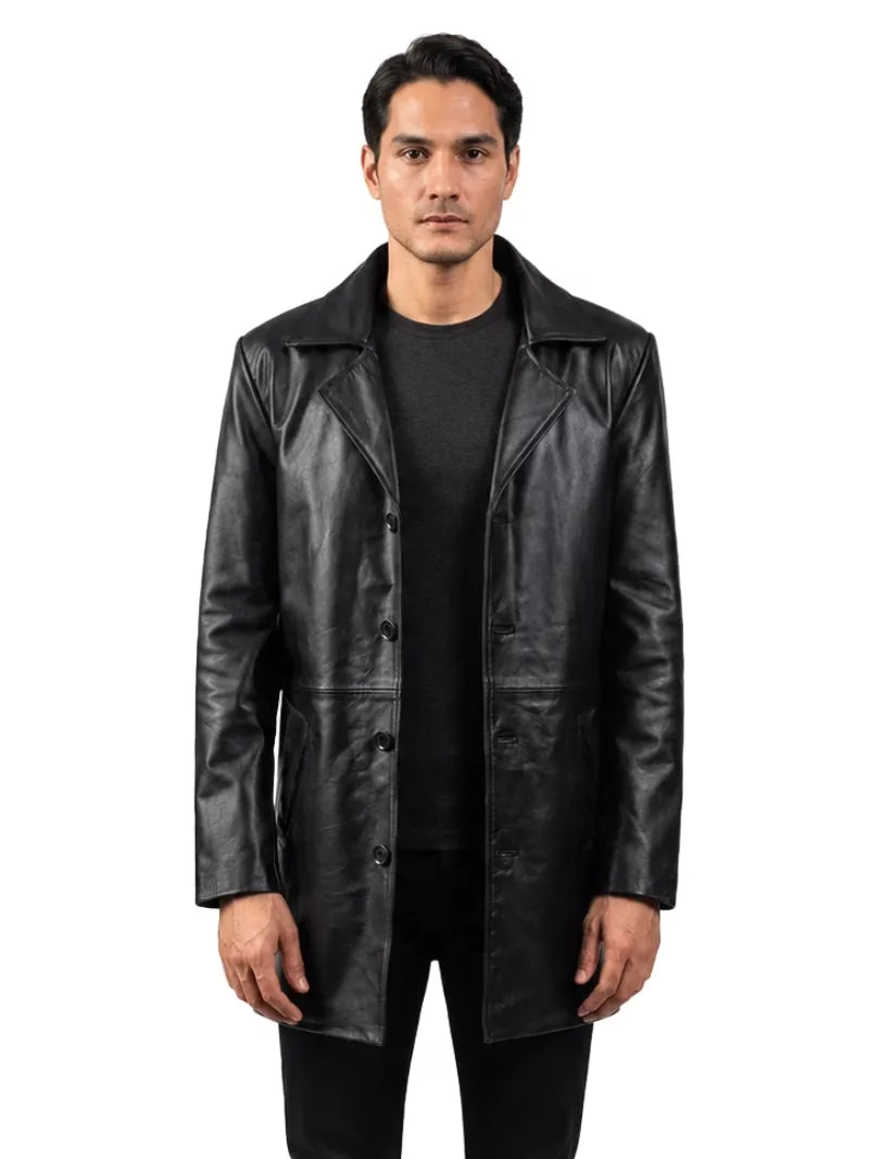 Men's black sheepskin leather coat, front view
