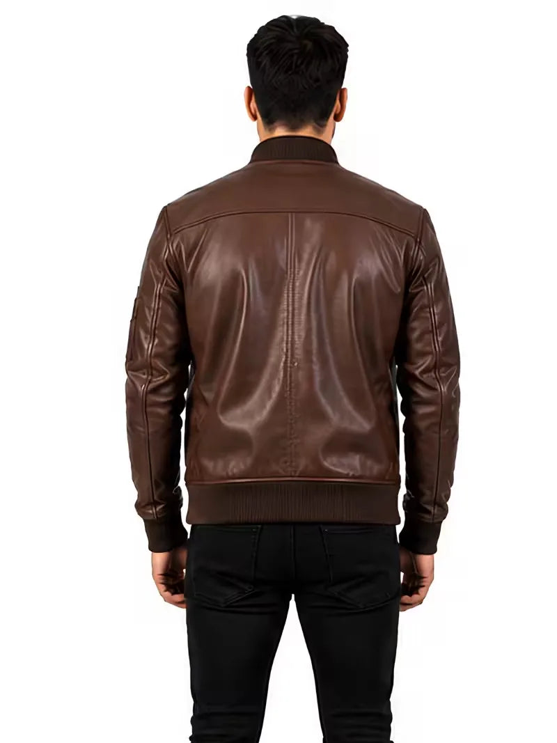 Men's black sheepskin leather jacket, pocket detail