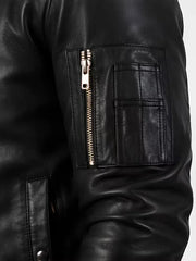 Men's black sheepskin leather jacket, back view