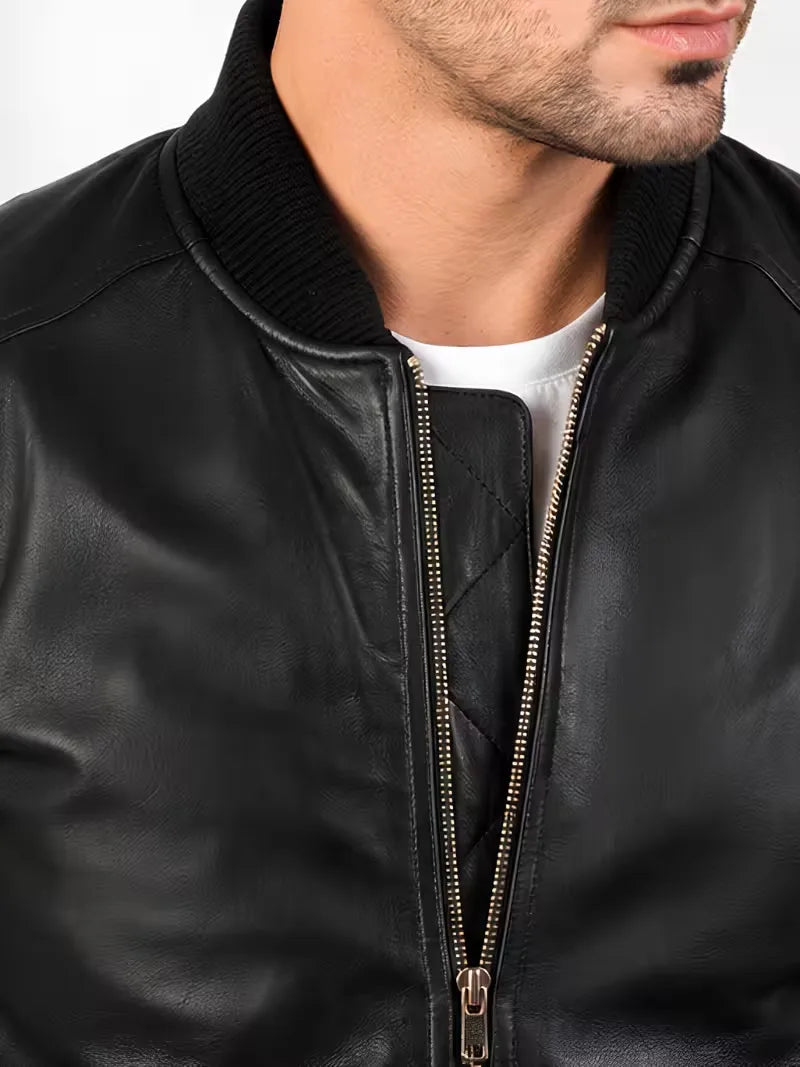 Men's black sheepskin leather jacket, back view