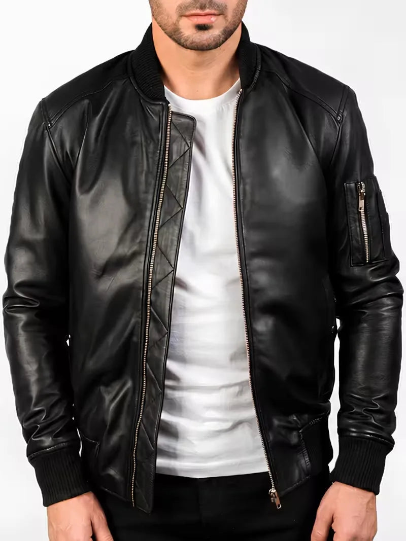 Men's black sheepskin leather jacket, worn on model