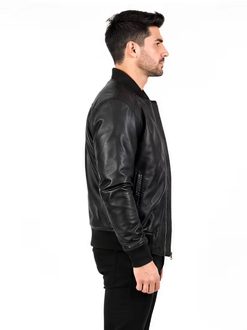 Men's black sheepskin leather jacket, zip and closure detail