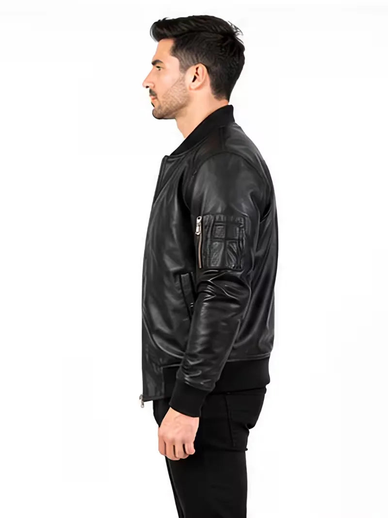 Men's black sheepskin leather jacket, collar detail