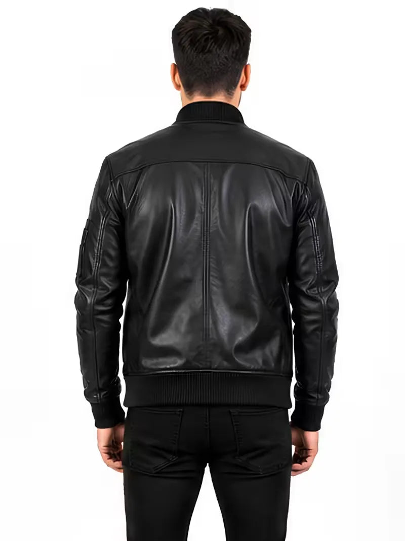 Men's black sheepskin leather jacket, side view