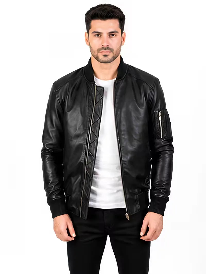 Men's black sheepskin leather jacket, front view