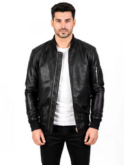Men's black sheepskin leather jacket, front view